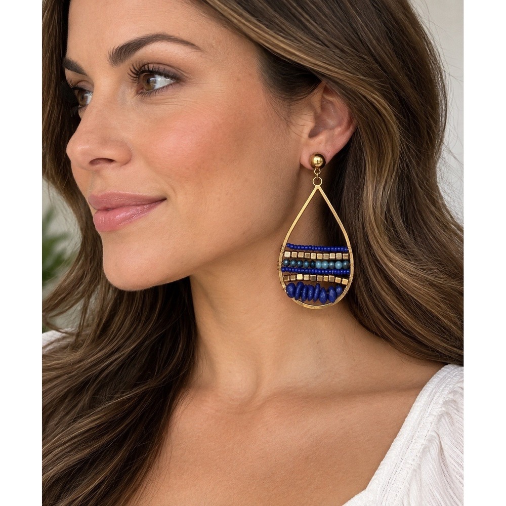 Park Lane 3" Blue Beaded Teardrop Dangle Beaded Earrings Gold Tone New
